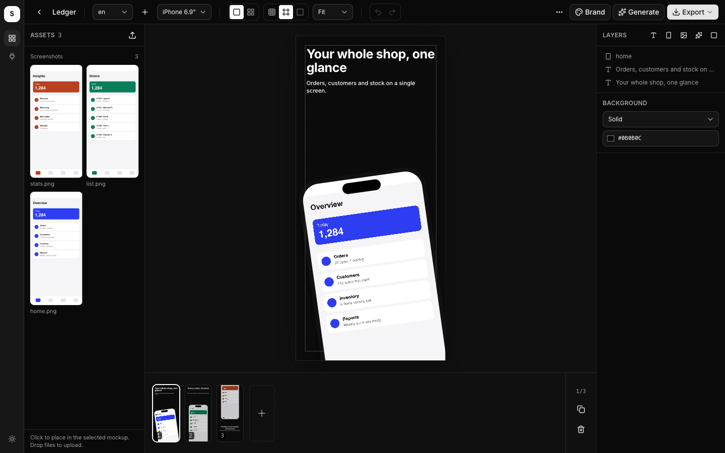The Storescreens editor: assets on the left, a 6.9 inch iPhone canvas in the middle, layers and background on the right, the screen strip at the bottom
